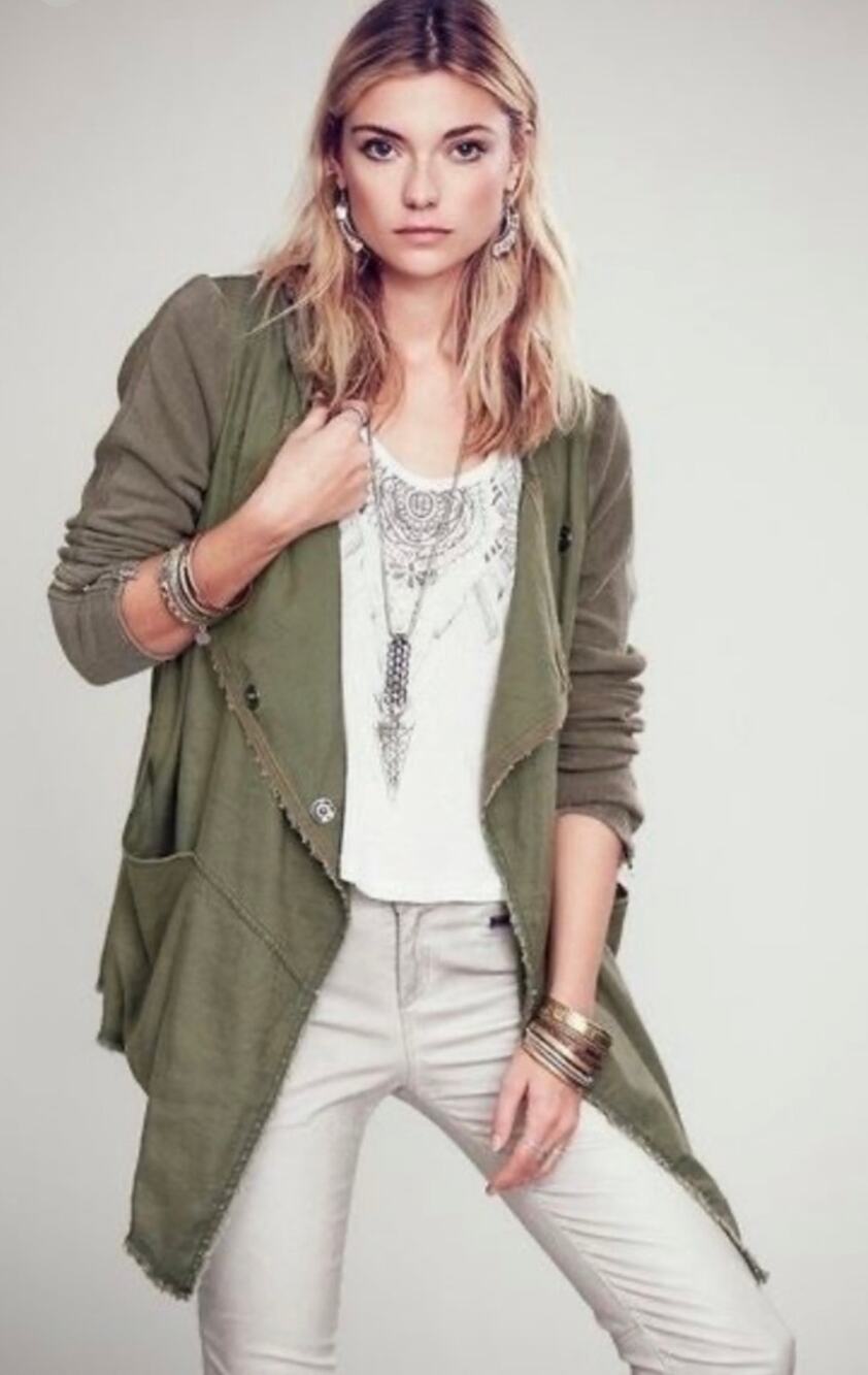 Free People Linen Blend Drippy Snap Closure Hooded Military Jacket Green Small